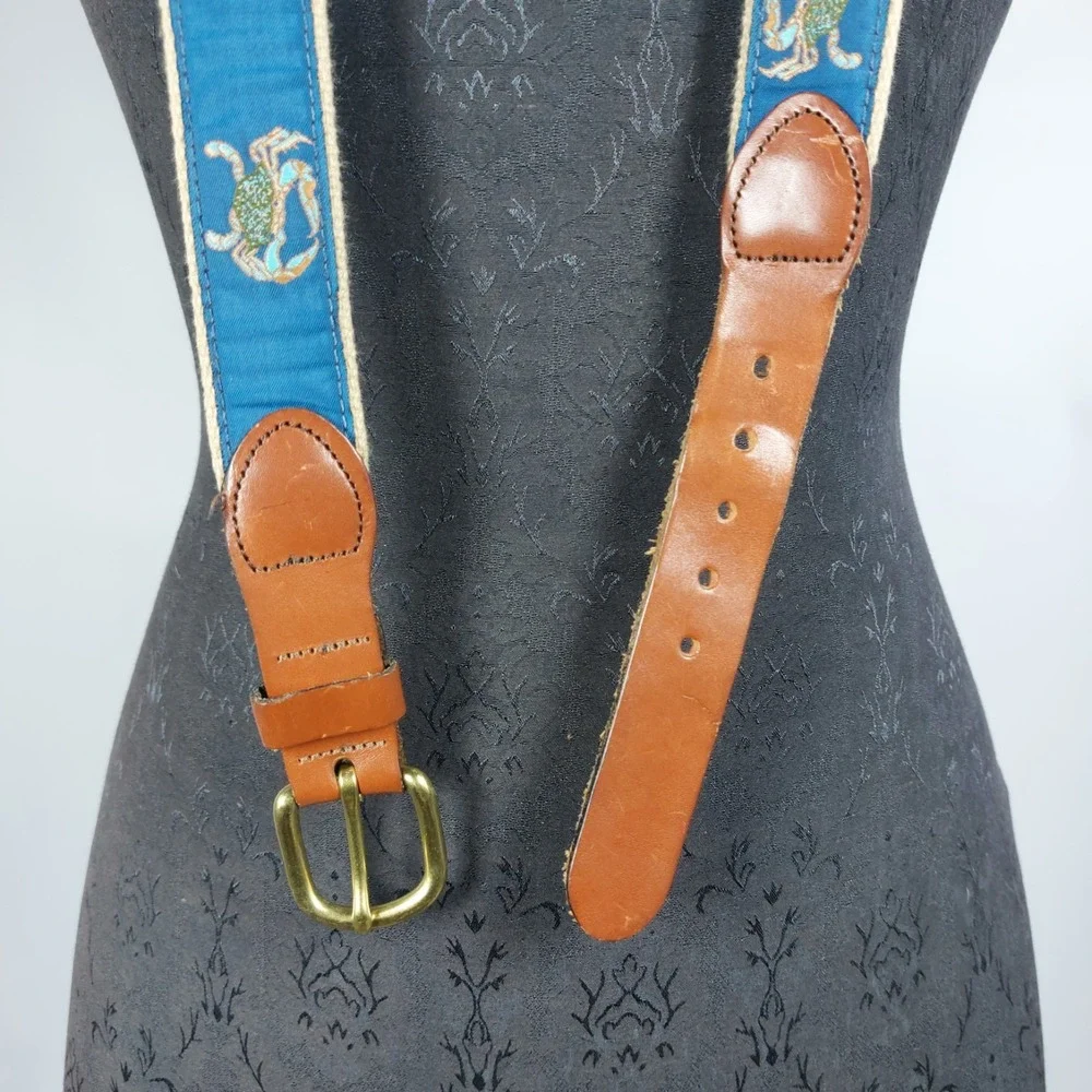 Leather Man Ltd Brown‎ Leather Belt Blue Crab Ribbon Brass Buckle Mens 46 USA